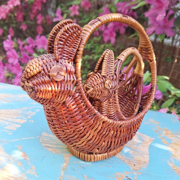 2 Vintage Wicker Basket Art Bunny Rabbit Woven Basket Animal Boho Easter Decor - Picture 5 of 16